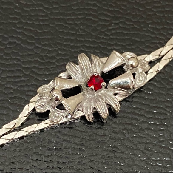 Vintage Silver Ruby Red Floral Bell Center Double Snake Chain 7.5” Bracelet - Picture 11 of 16